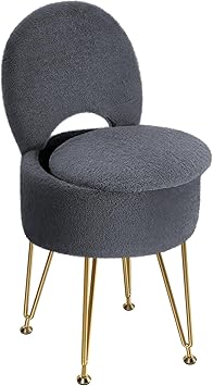 GREENSTELL Small Vanity Stool Chair with Storage and Folding Back, 13" x 13" x 17.7" Faux Fur Soft Ottoman for Teenager, 4 Metal Legs with Anti-Slip Feet, Furry Padded Seat for Makeup, Bedroom, Grey