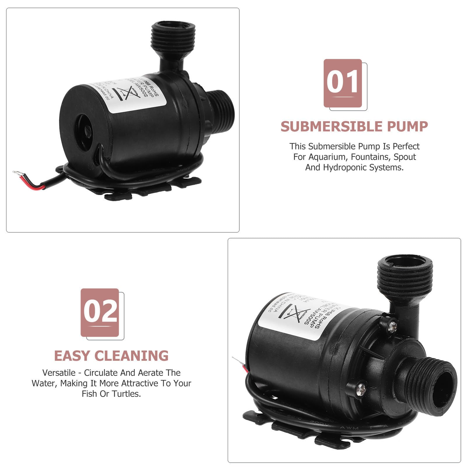 Mini Bomba de Agua Sumergible sin Escobillas 800l/h Negra | 2 Piezas, Plástico, Instalación Sumergible, 12 V, para Fuente y Piscina, Celebracion Verano