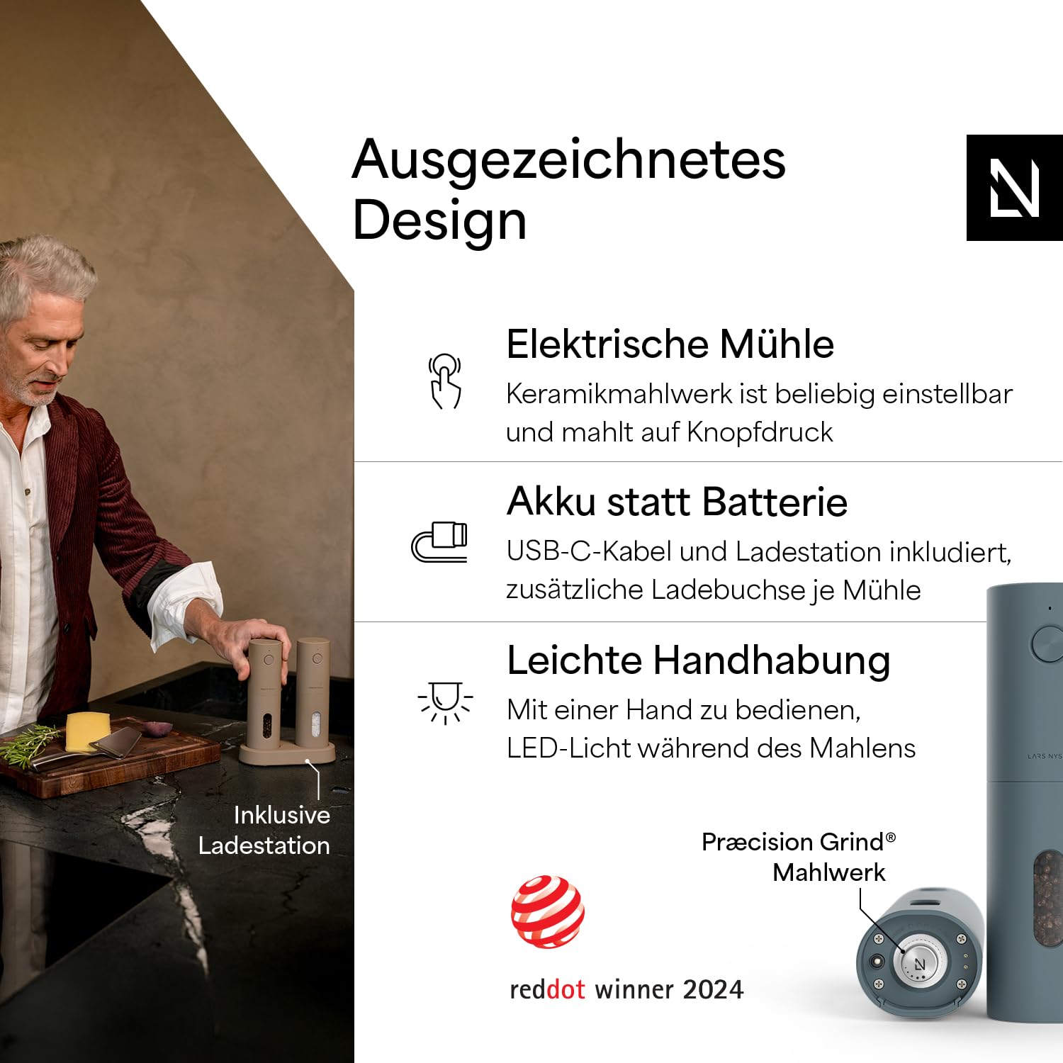 LARS NYSØM Salz und Pfeffermühlen Elektrisch Set I Keramikmahlwerk fein bis grob I USB Wiederaufladbar mit Ladestation I Automatische Salz und Pfefferstreuer I Gewürzmühlen Set (Stone Blue)