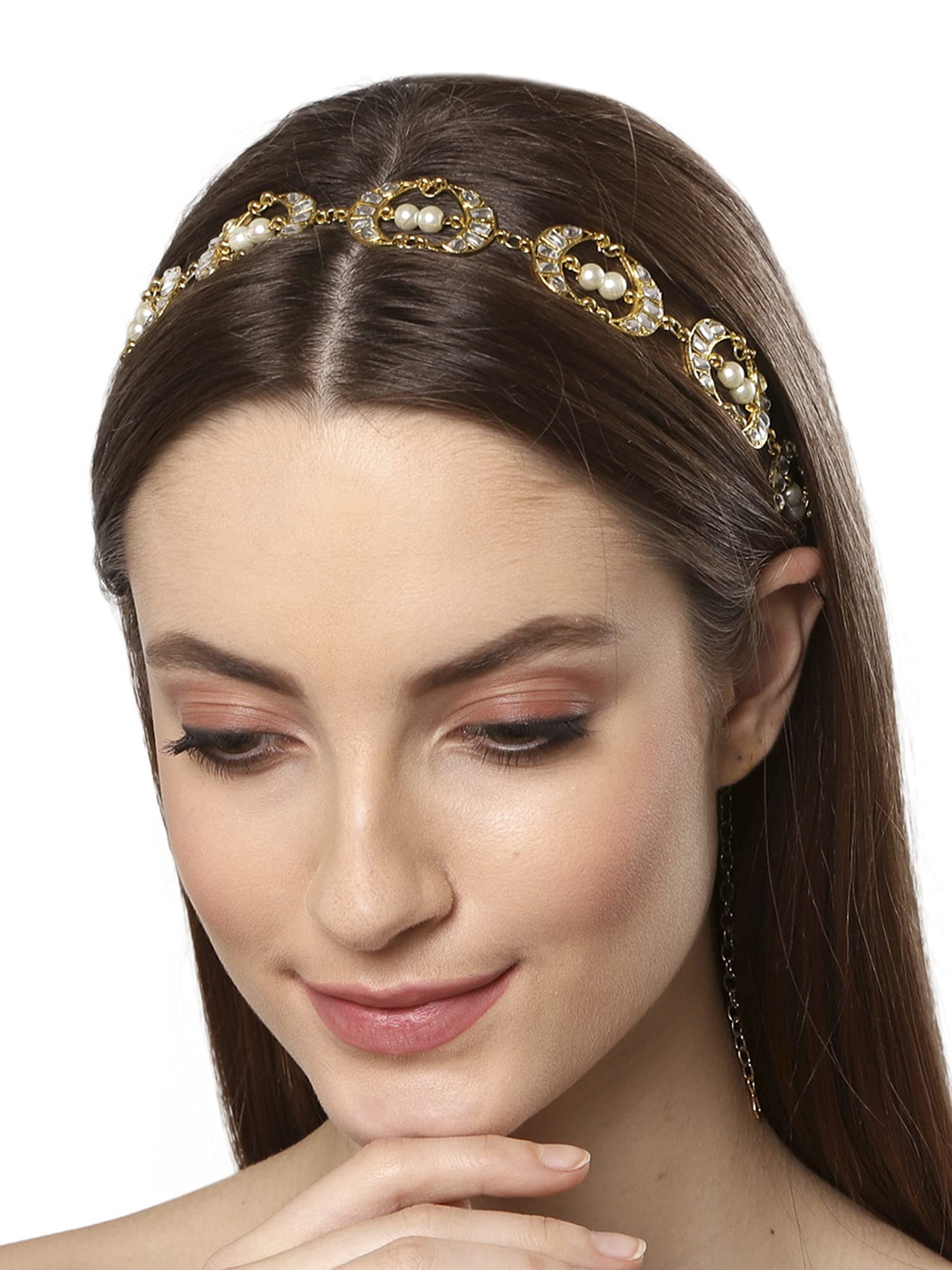 karatcart Metal Kundan Studded Handcrafted Hairband for Women - Gold-picture-23