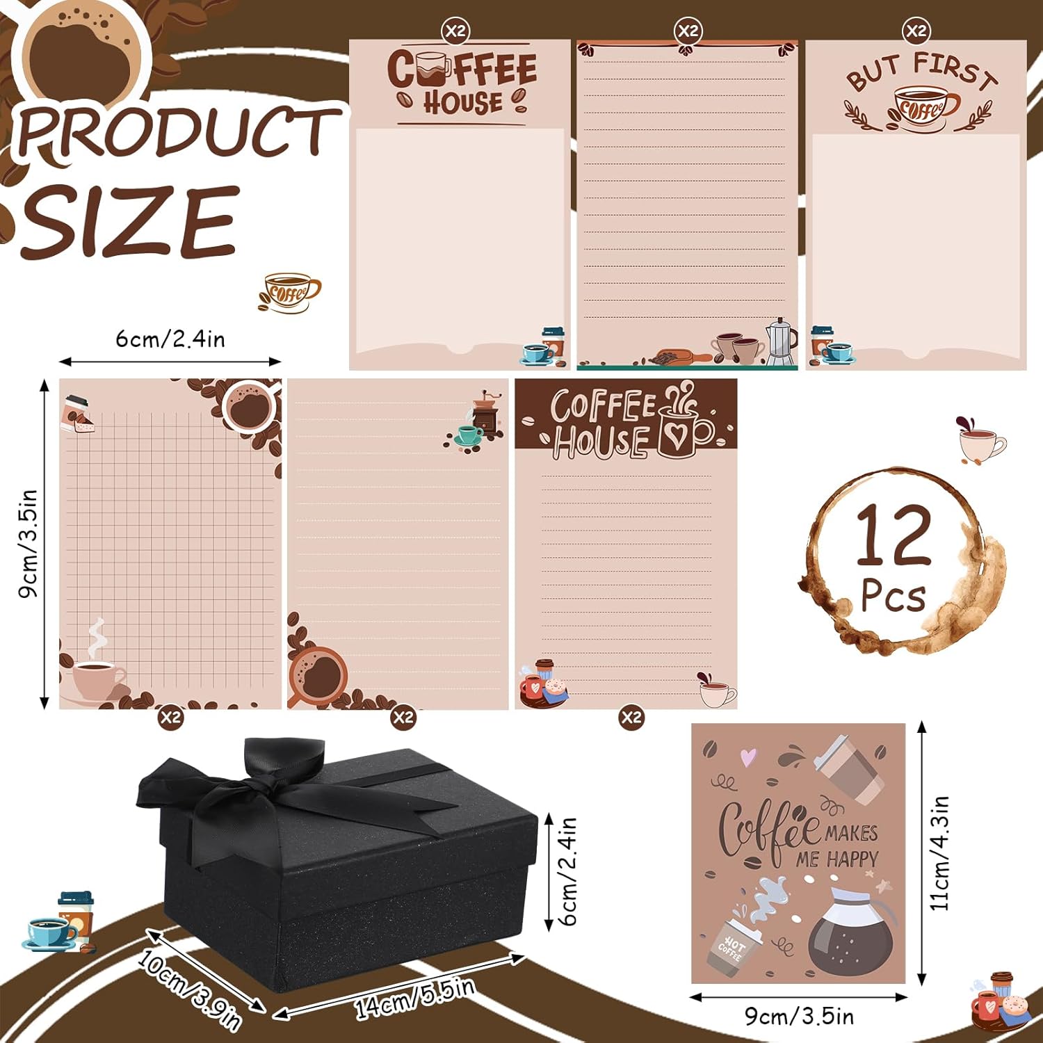 12 Pcs Coffee Sticky Note Set Coffee Lover Gifts Cute Sticky Note Pads Brown Post Pads with Box Greeting Card Funny Gift for Librarian Reader Teacher Desk Office School Supplies - Image 2
