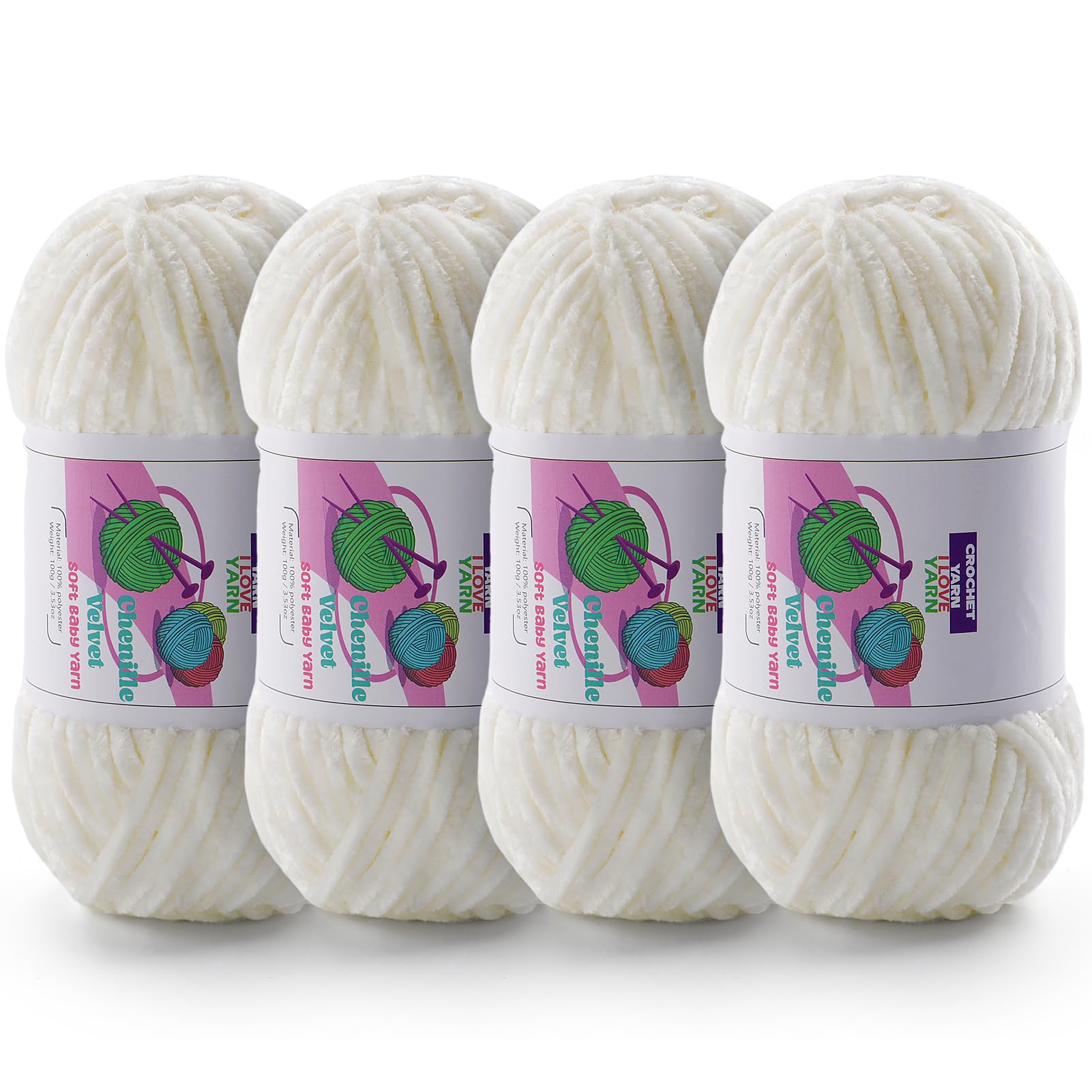 4 Skeins Soft Chunky Chenille Yarn, Plush Velvet Yarn for Hand Knitting and Crocheting, Fluffy Yarn for Crochet Blankets, Scarves, Hats?4×3.5oz, 4×131.2yds? (Cream White)