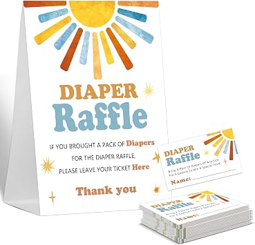 Baby Shower Games Diaper Raffle, 1 Sign & 50 Cards, Here the Sun, Sunshine Diaper Raffle Tickets for Baby Shower, Gender Neutral Decoration, Gender Reveal Party Games Supplies-LT31