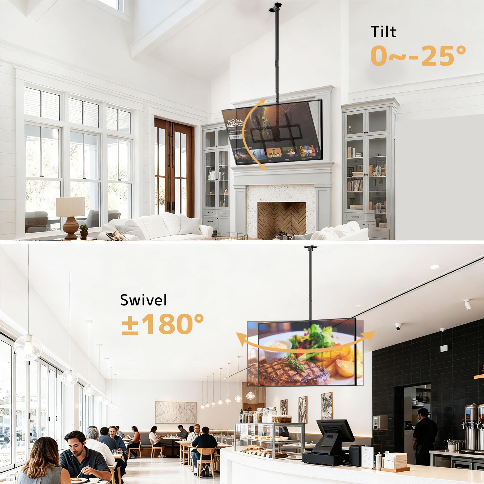Supporto da soffitto per TV Putilsen per TV da 50-100 pollici piatte e curve fino a 80 kg, staffa TV a rotazione completa 360° con altezza regolabile, inclinazione e rotazione, VESA max 800x600mm