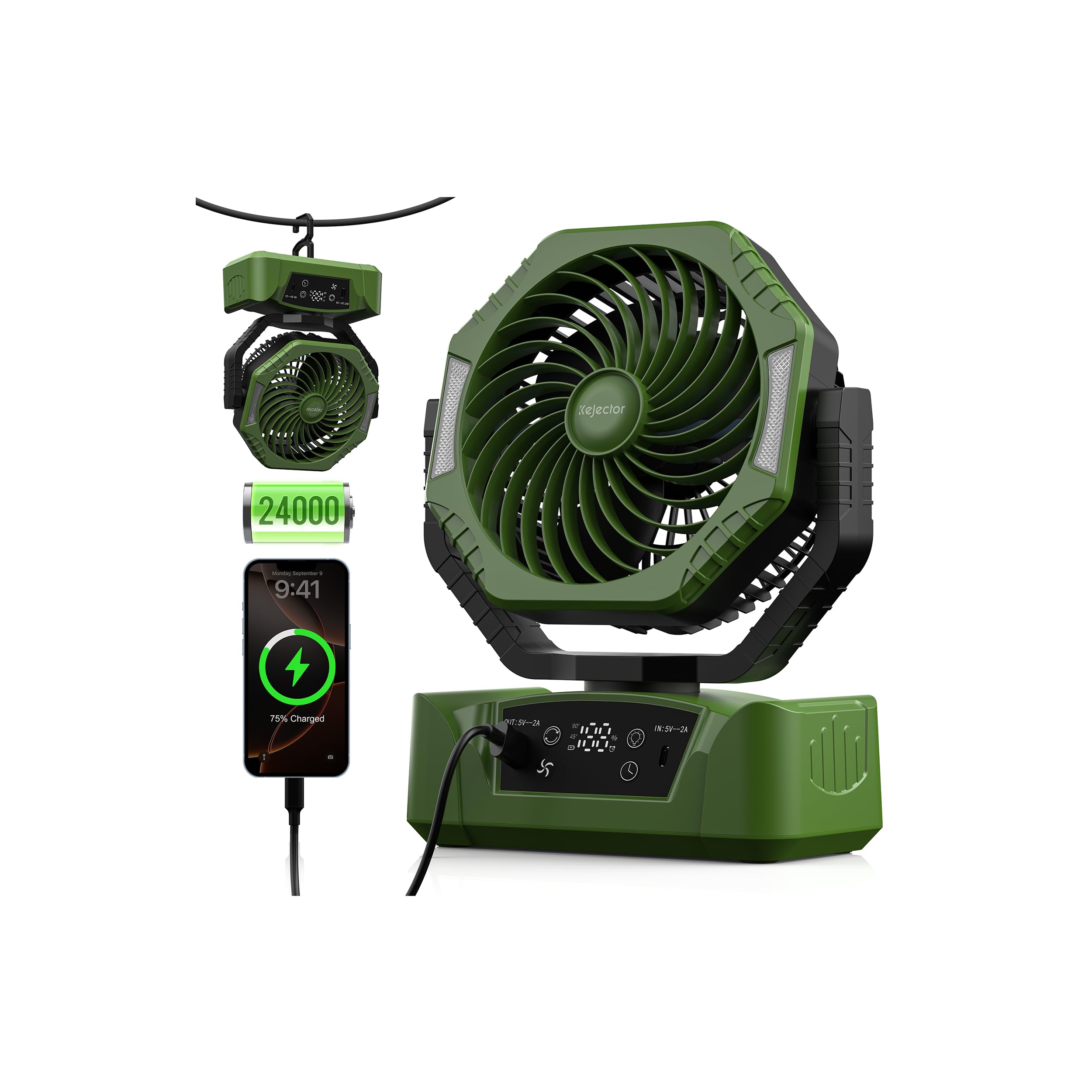 kejector Camping Fan with Led Light 24000mAh Rechargeable Battery Portable Camping Ceiling Fan with Hook, Desk Fan USB, Remote Control, 6 Speeds for Tent Outdoor Travel Bedroom Camping Essentials