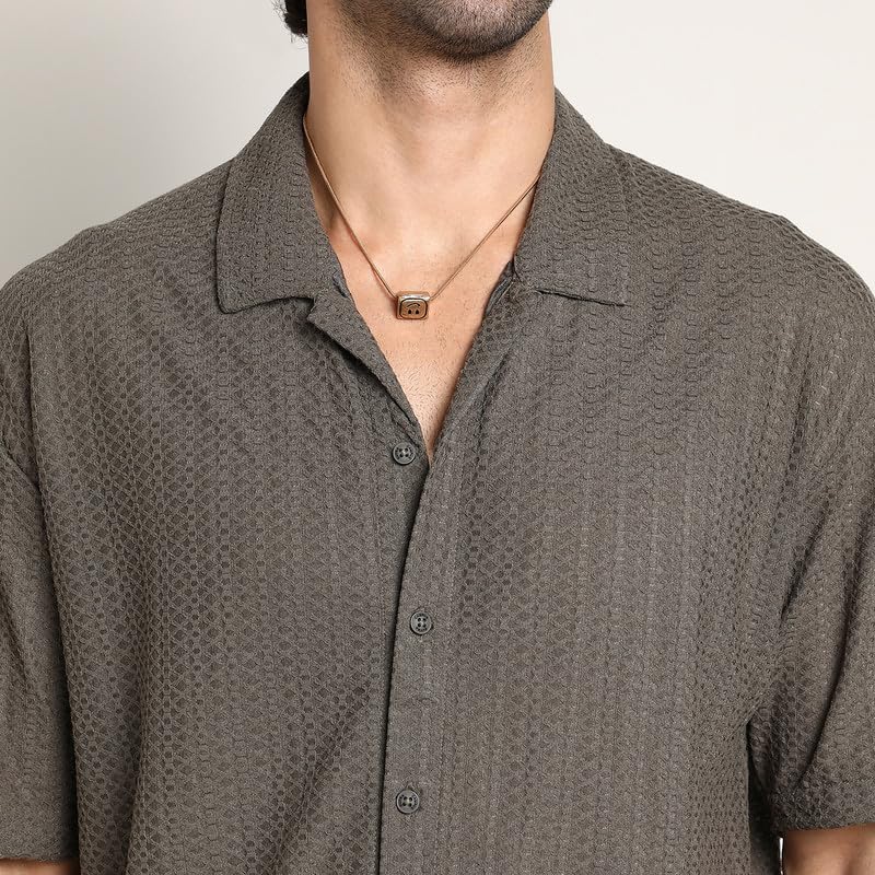 Image of CAHOOT Men's Oversized Shirt for Casual Wear | Cuban Collar | Short Regular Sleeves | Button Closure | Oversized Shirt Crafted with Comfort Fit for Everyday Wear