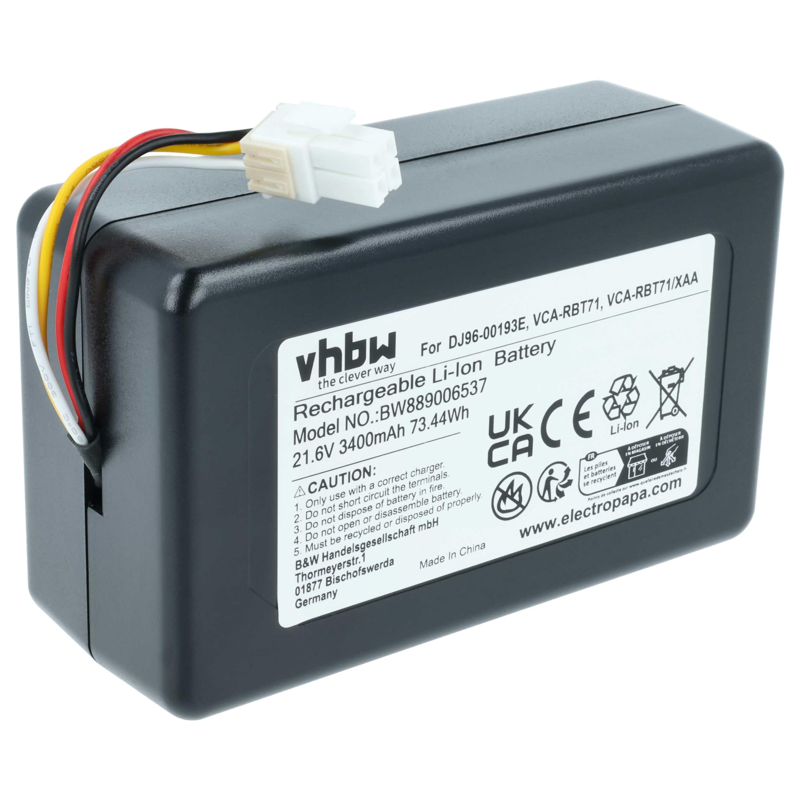 vhbw Bateria zamienna do Samsung DJ96-00193E, VCA-RBT71/XAA, VCA-RBT71 do robota odkurzającego (3,4 Ah, 21,6 V, litowo-jonowa)