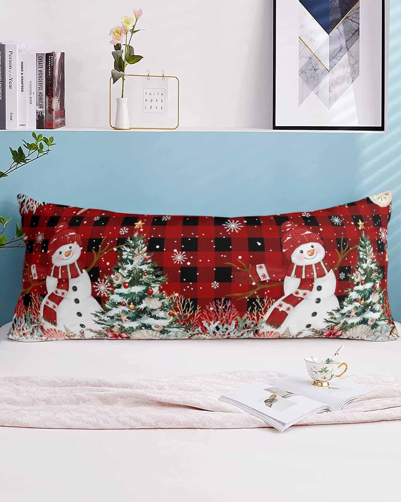 DecorLovee Red Plaid Coastal Christmas Body Pillow Case Cover, Snowman Xmas Tree Microfiber Bed Throw Pillow Covers, Ocean Starfish Decorative Lumbar