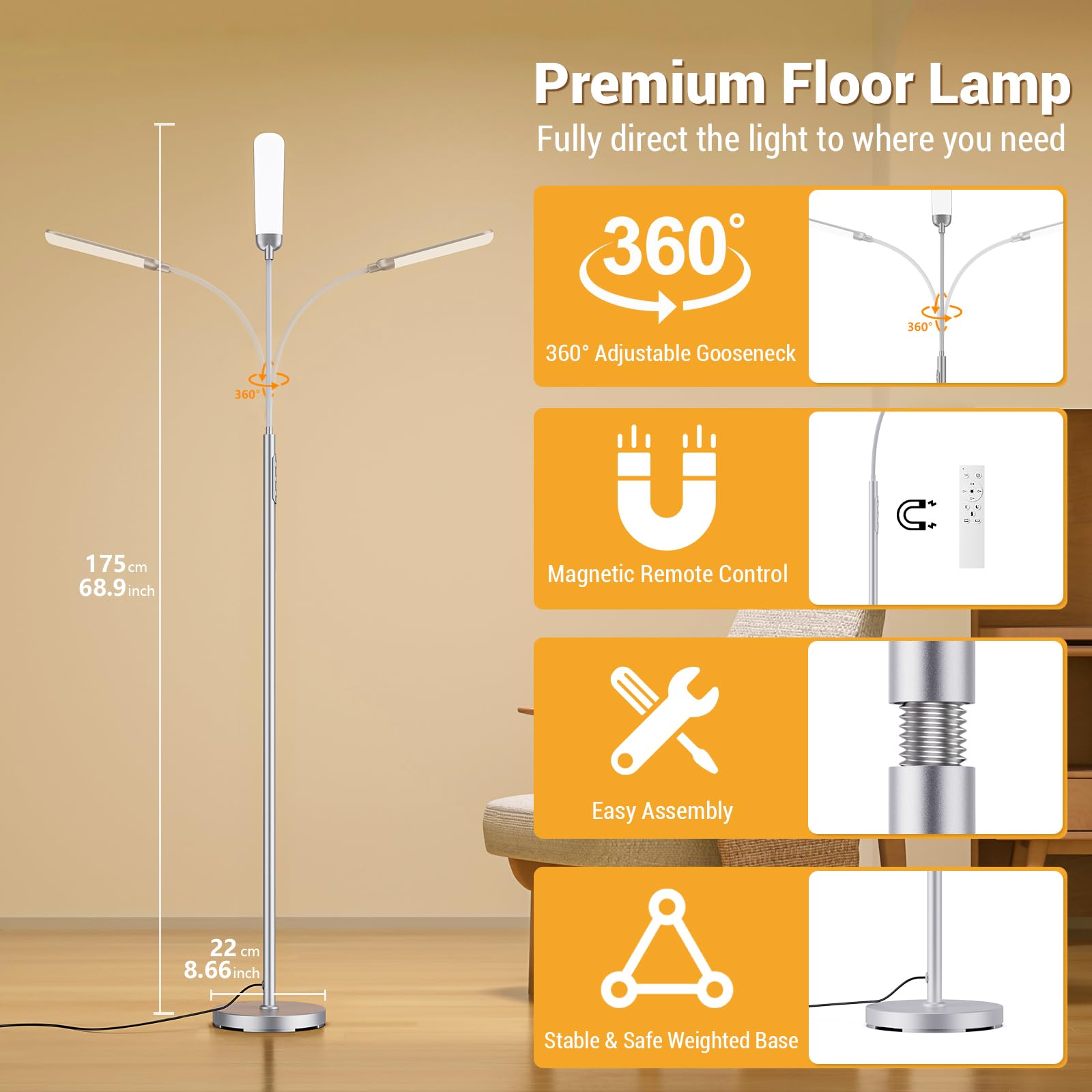 Lampada da Terra LED 18W 1200LM con Telecomando - 4 Tonalità di Colore & 4 Livelli Luminosità Regolabile - Piantana da Lettura per Soggiorno, Camera da Letto, Ufficio