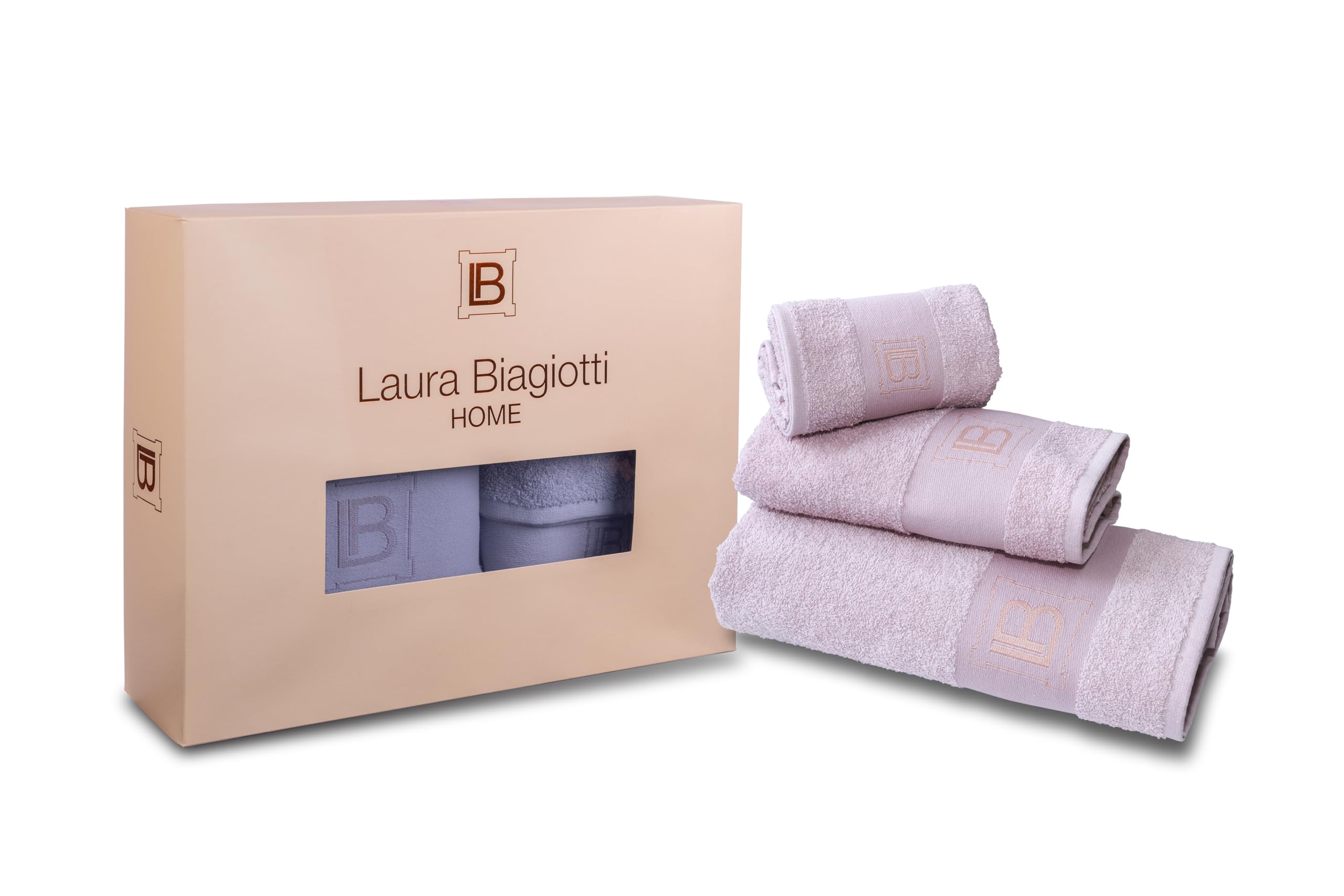 hermet Laura Biagiotti, Set Asciugamani Bagno 3 Pezzi Tinta Unita, 100% Spugna Di Cotone, Telo Bagno + Asciugamano Viso + Asciugamano Ospite, In Scatola