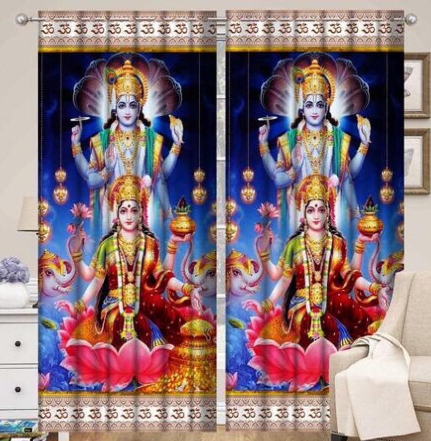 Image of Premium Fabric God Vishnu Lakshmi Design Parde for Mandir, Pooja Room, Temple, Home, 4x5 feet Long Curtains Set of 2 Pc
