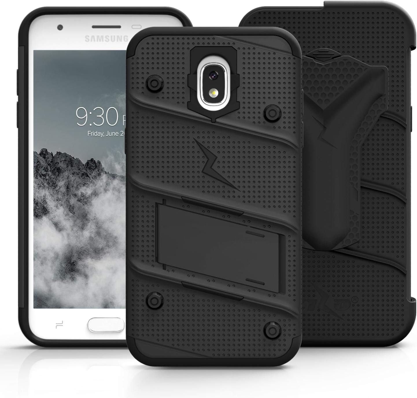 ZIZO Bolt Series Samsung Galaxy Amp Prime 3 Case Military Grade Drop Tested with Tempered Glass Screen Protector Holster Black