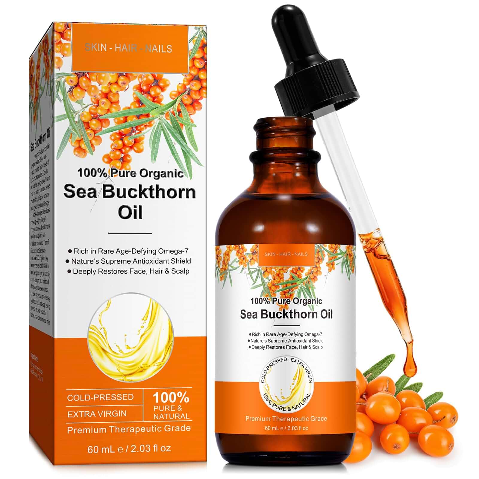 AIQIUSHASea Buckthorn Oil for Face Organic, Hair & Body, Cold Pressed Pure Facial Oil with Omega 3 6 7 9 & Vitamin E, Lightweight Moisturizing Skin Oil for Dry Skin, Hair & Cuticles, 2 Fl Oz (60mL) 2.03 Fl Oz (Pack of 1)