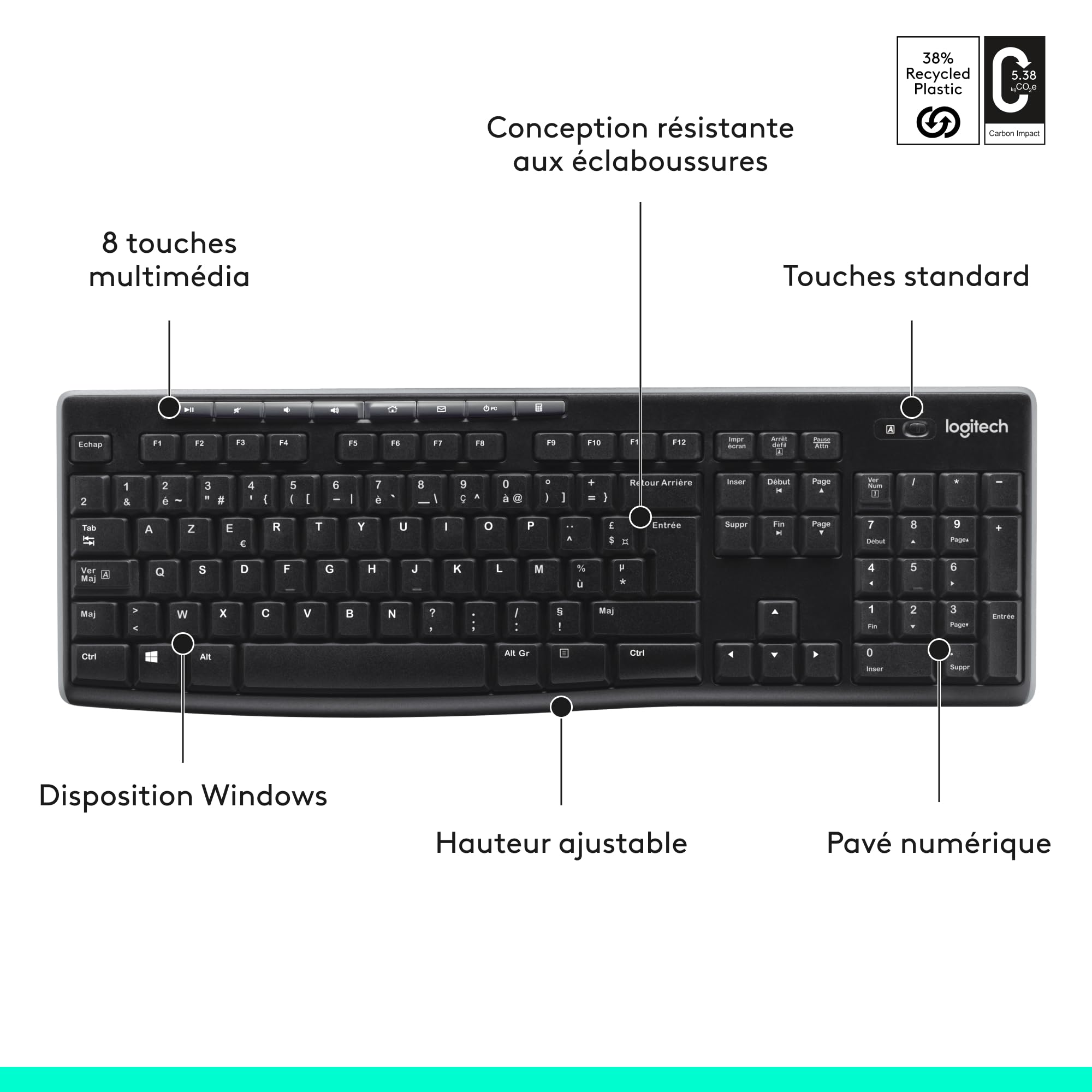 Logitech Wireless Frances Keyboard K270 Inalambrico, Noir, 3.20 x 45.00 x 16.00 cm