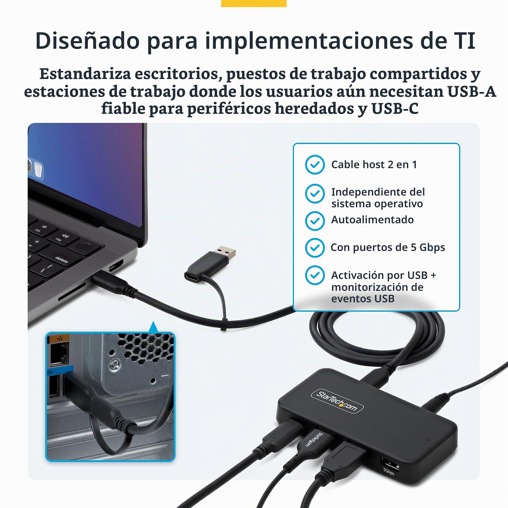 StarTech Hub USB-C y USB-A de 4 Puertos, 5Gbps, 36W (311UE-USB-HUB) | Cable Host 2 en 1 USB-C y USB-A, Carga BC 1.2, 3x USB-A y 1x USB-C, Adaptador de 36W Incluido