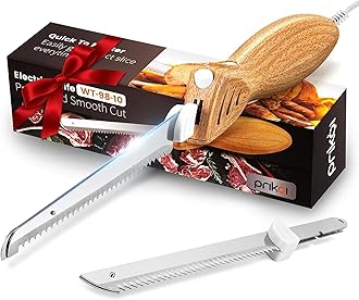 Prikoi Electric Knife - Easy-Slice Serrated Edge Blades for Carving Meat, Bread, Turkey, Ribs, Fillet, DIY, Ergonomic Handle + 2 Blades for Raw & Cooked Food(Faux Wood)