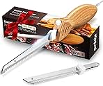 Electric Knife - Easy-Slice Serrated Edge Blades Carving Set for Meat, Bread, Turkey, Ribs, Fillet, DIY, Ergonomic Handle + 2 Blades for Raw & Cooked Food(Faux Wood)