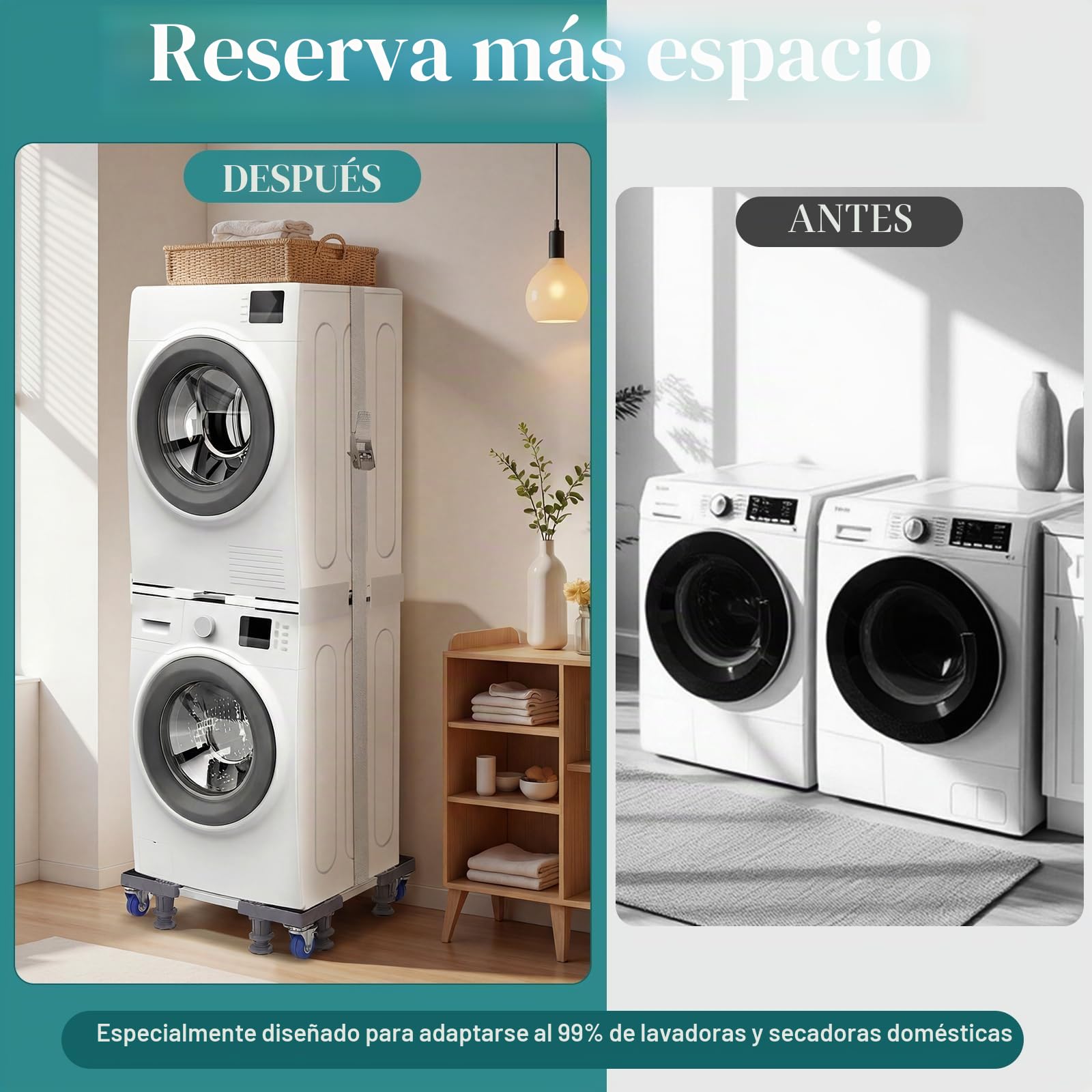 Kit de Apilamiento para Lavadora y Secadora, Marco Ajustable 46-72 cm con Base Móvil 43-60 cm, 4 Ruedas con Freno, 8 Patas Antivibración, Almohadillas Antideslizantes y Correa de Trinquete 6 m