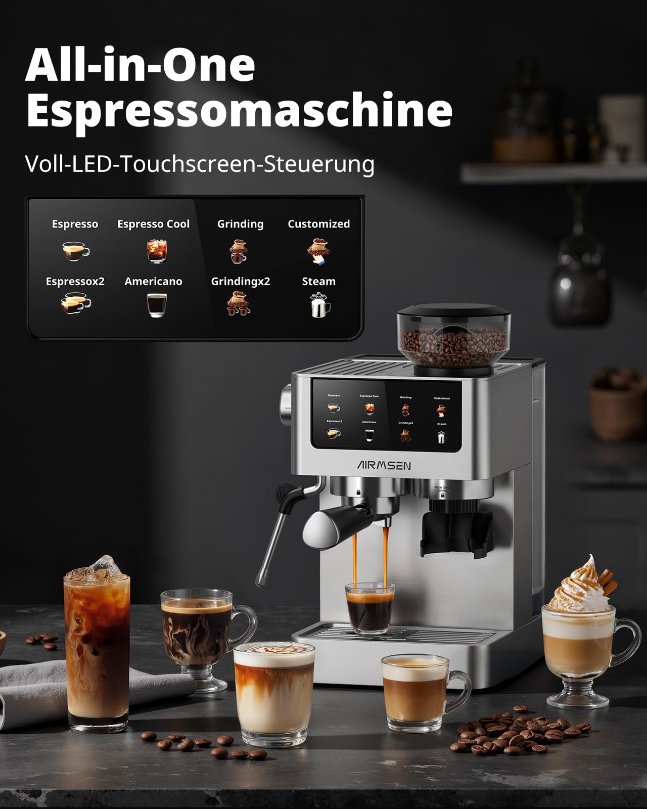 AIRMSEN Siebträgermaschine Espressomaschine 20 Bar Edelstahl 1,8L Wassertank Cold Brew Americano