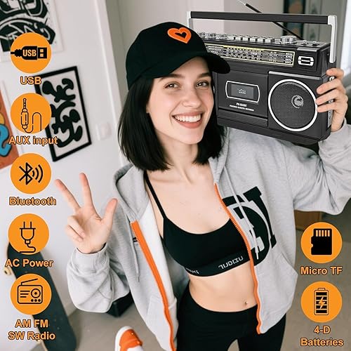 Miniatura 2 de Reproductor de casete portátil con Bluetooth y radio (AMFMSW)  Digitalización de casete a USB  Sonido estéreo, 10W, cassette Deck, reproducción