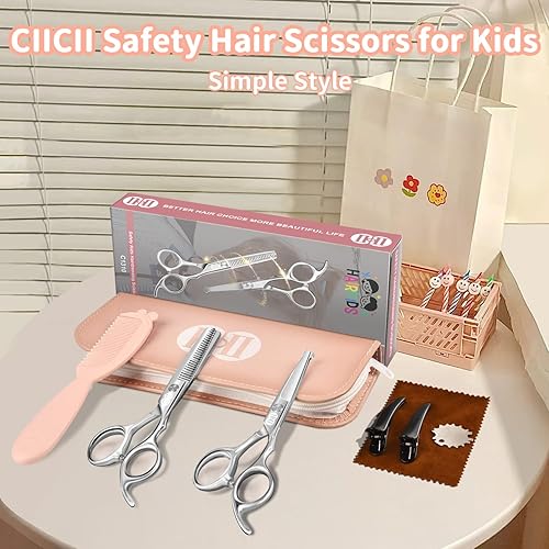Miniatura 7 de CIICII Kit de tijeras de corte de pelo para niños, juego de tijeras de peluquería de punta redonda de seguridad (tijeras de adelgazamiento para
