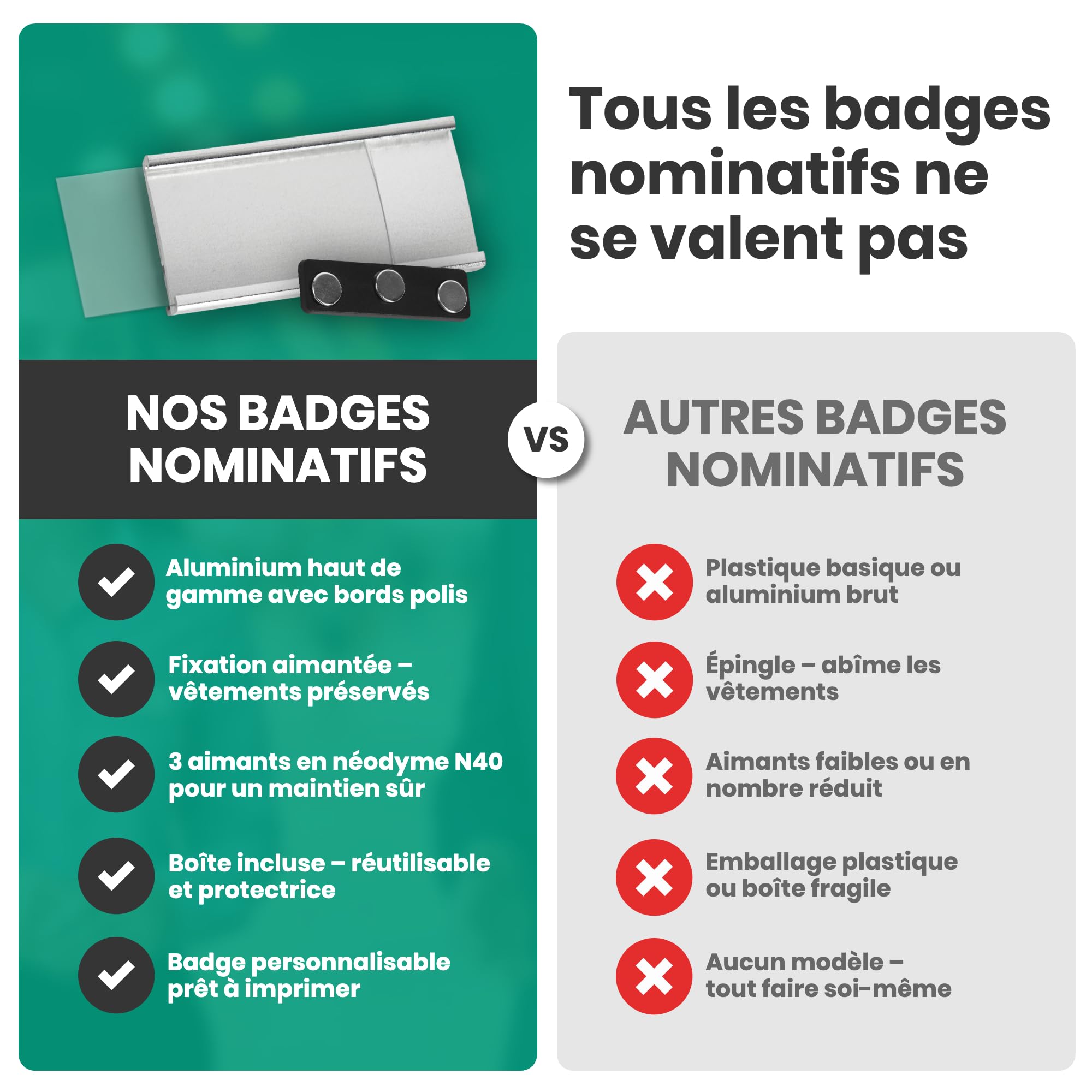 Badges nominatifs magnétiques (Lot de 20) – 3 aimants puissants N40 – Porte-badge aimanté en aluminium – Idéal pour foires et conférences – Modèle de badge personnalisable imprimable – 72x31mm
