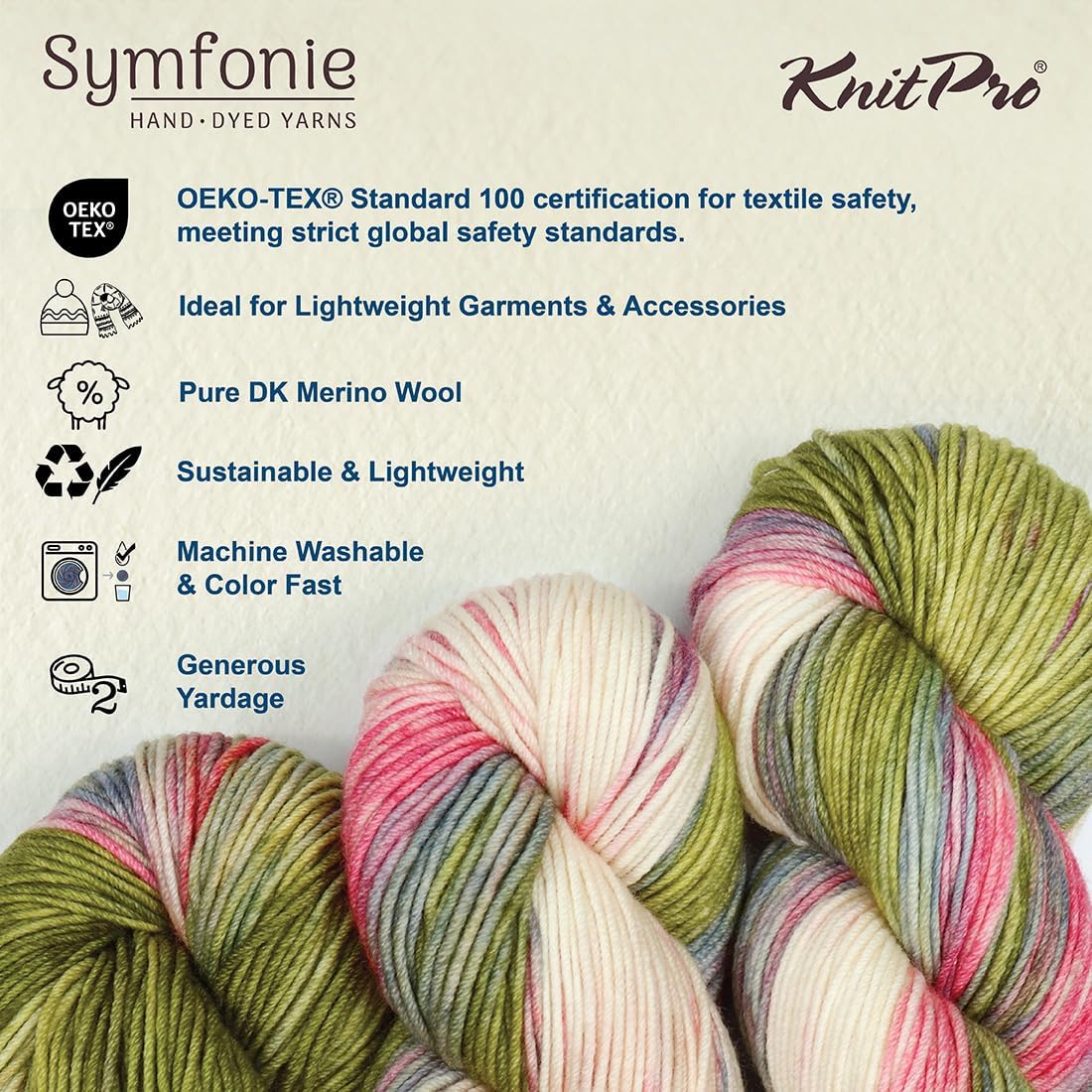 KnitPro Symfonie Premium Hand Dyed Yarn | 100% Extra Fine Merino Wool for Knitting & Crocheting, DK Weight, Oeko-TEX Certified, Colorfast Fiber 220m, 100g Skein | Viva Variegated Summer Romance