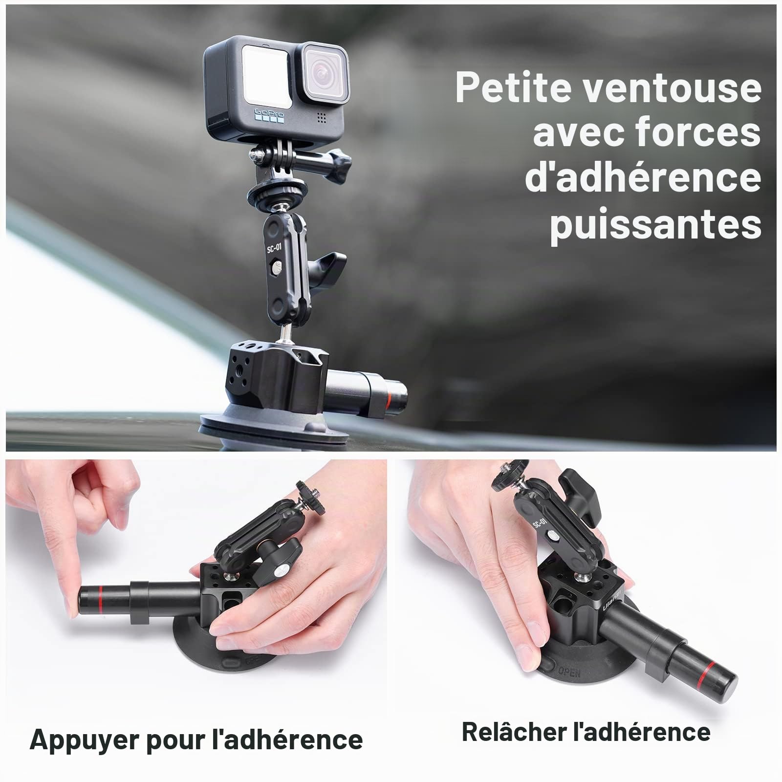 ULANZI SC-01 Support à ventouse pour appareil photo avec clip universel pour téléphone portable, ventouse pour caméra d'action 3" avec boule double tête à 360° et vis 1/4", support à ventouse pour