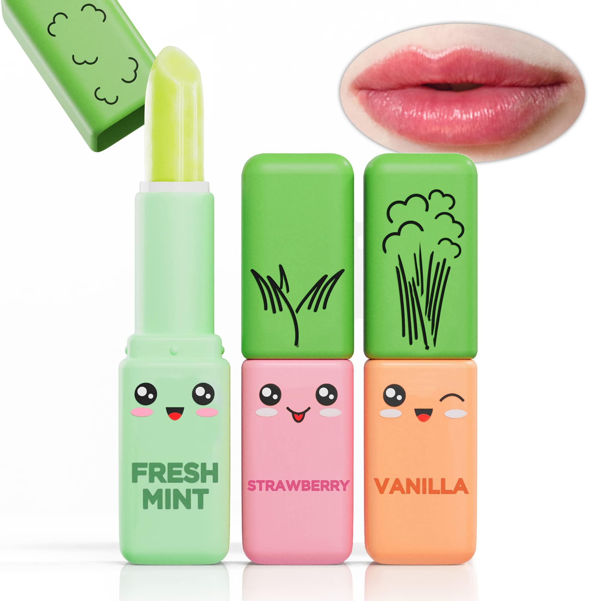 Kuckian Vegan 3x Lip Balms Set - 100% Natural Ingredients - Tinted, Moisturizing, Color Changing, Dancing Funky Vegetables