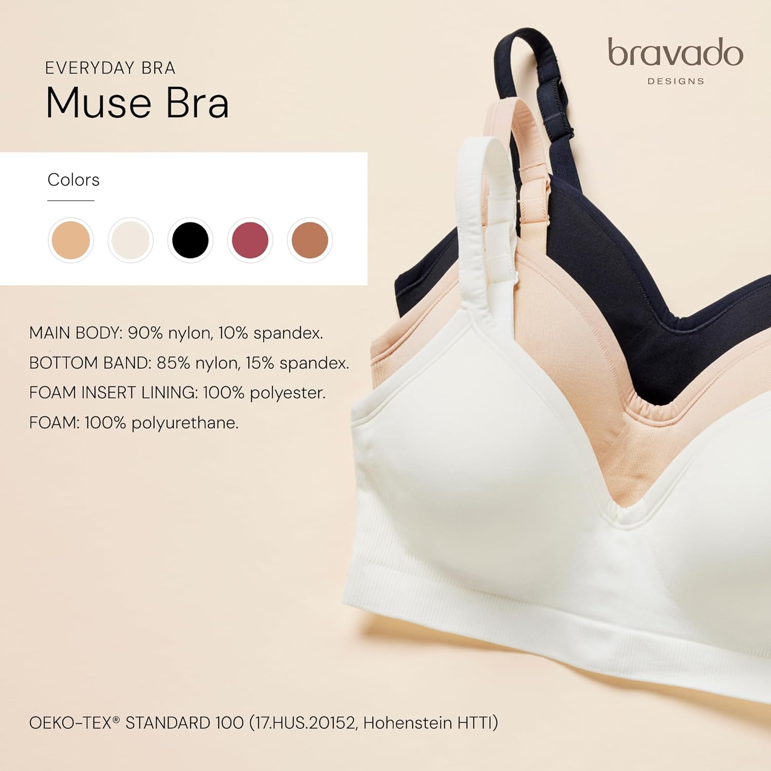 Bravado Designs Muse Seamless and Wireless Padded Everyday Bra | Deep V-Neckline | A to F Cups