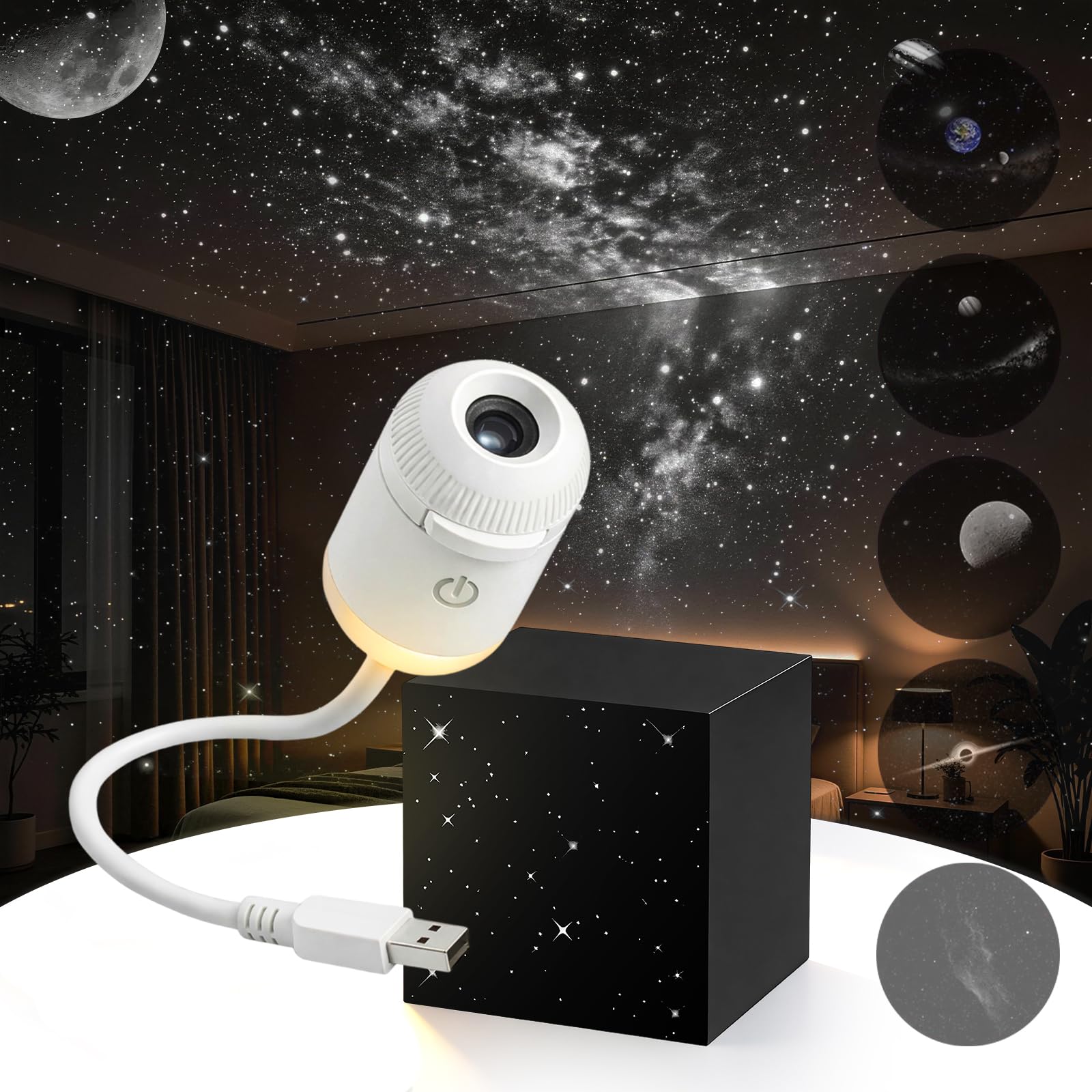 Wsndyjia 2-in-1 Galaxy Projector Night Light, with 5 Sliding Projection Films, Adjustable Brightness 360° Rotating Design & USB Power – Ideal for Bedroom Car & Home Decoration, Great Gift for Adults