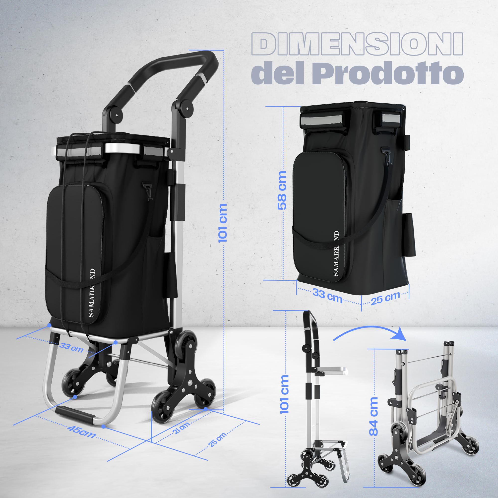 Carrello Spesa 3 Ruote Scale Pieghevole Impermeabile 40kg – Leggero, Resistente, Manico Regolabile - Carrello Portaspesa Termico Per Mercato Trolley Spesa Con Ruote, Carrello Per La Spesa Con Ruote