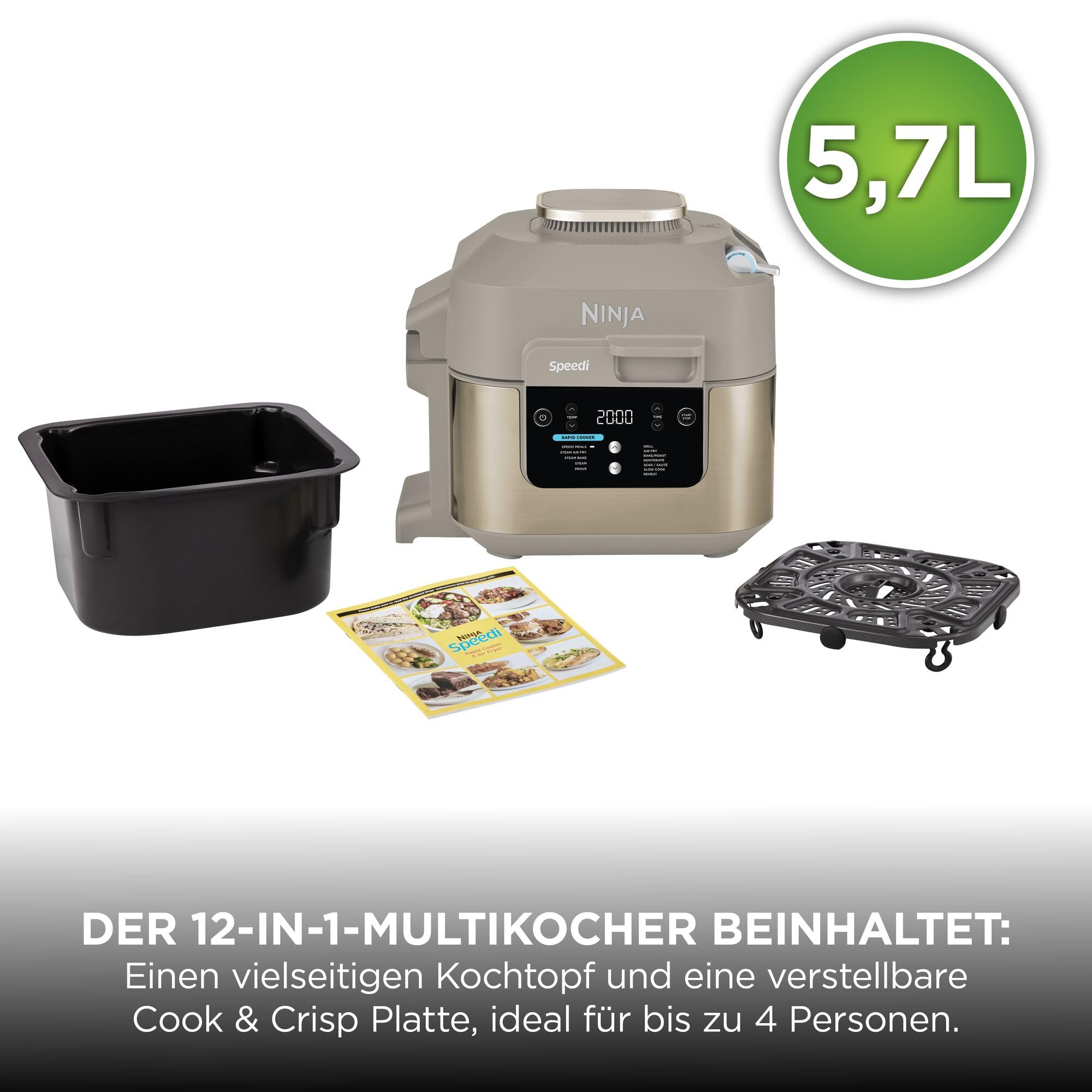 Ninja Speedi Multikocher, 5,7L, 12-in-1 Multicooker, Air fryer Heißluftfritteuse, Slow Cooker Langsamkochen, Grillen, Backen, Stone Gold ON500EUSTGD