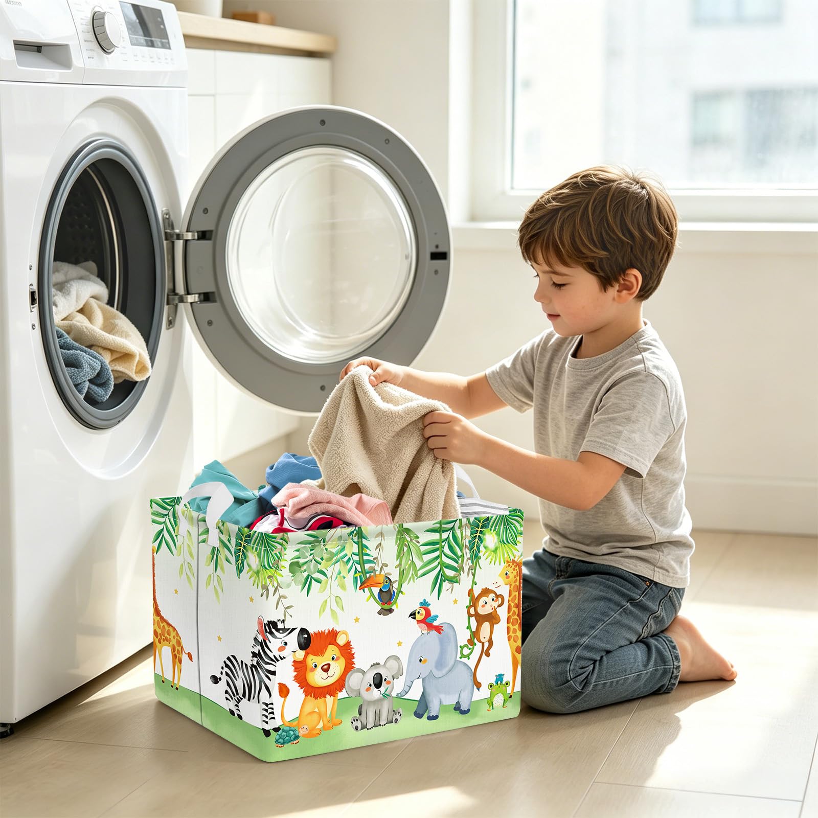 Clastyle Cesto Portabiancheria Animali Foresta Cestino Portaoggetti Foglie Cesta Biancheria Genitori per Organizzare Giocattoli Vestiti, Leone Koala Elefante, 36x45 cm