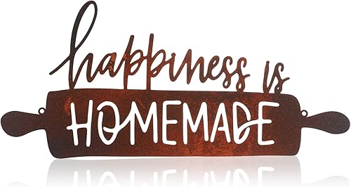 Funrous Decoración de pared de cocina con texto en inglés "Happiness Is Homemade", letrero de metal rústico para decoración de cocina, letreros