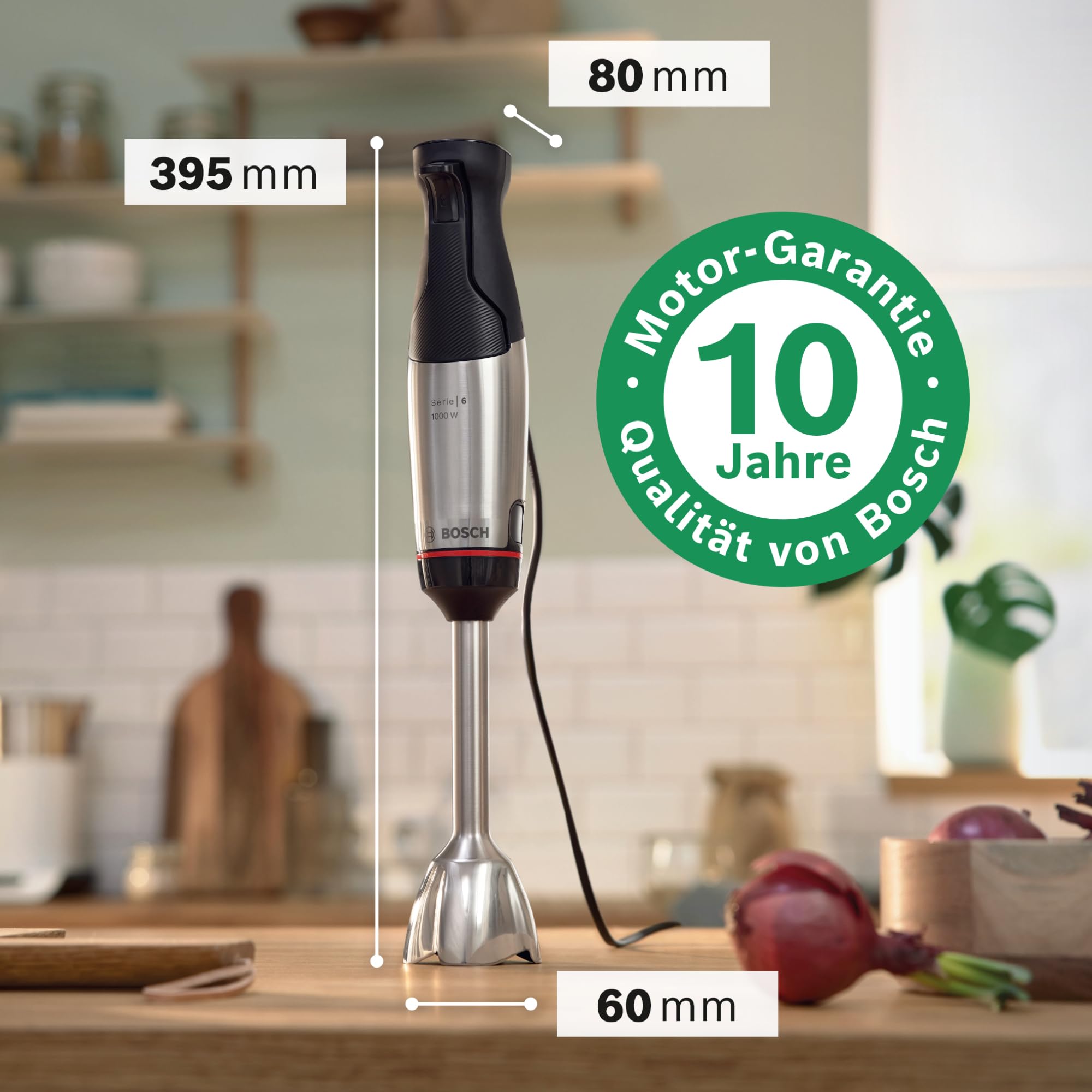 Bosch Stabmixer ErgoMaster Serie 6, mit Zerkleinerer, Schneebesen, Mixbecher, Edelstahl-Klingen, verschleißfreie Keramik-Kupplung, langlebig, Luftkühlung, 1000 W, Edelstahl, MSM6M622