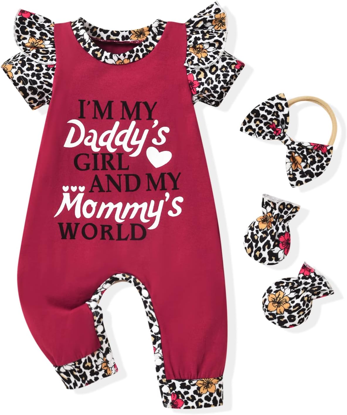 HINTINA Preemie Newborn Baby Girl Letter Print Romper Jumpsuit Gloves Headband Clothes Set