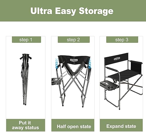Miniatura 6 de YOUNG WOOD Silla de directores de campamento, silla plegable portátil ligera de gran tamaño con mesa auxiliar y bolsillos de almacenamiento para
