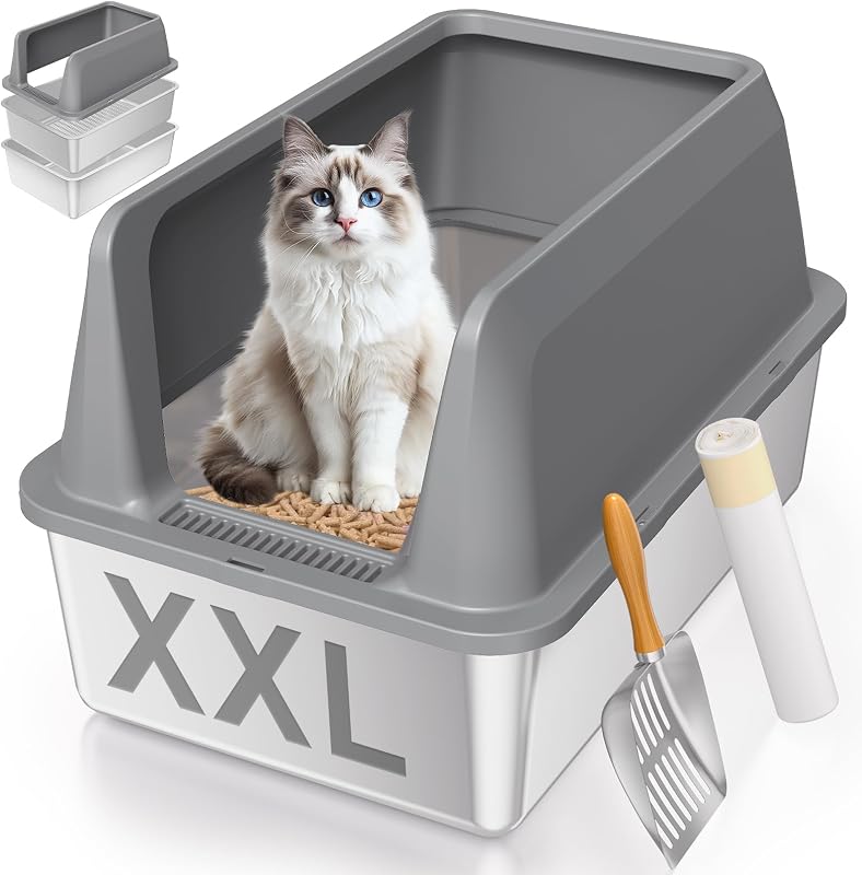 Caixa de Areia para Gatos XXL em Aço Inoxidável com Peneira, Tampa e Laterais Altas Yoochee CLB01