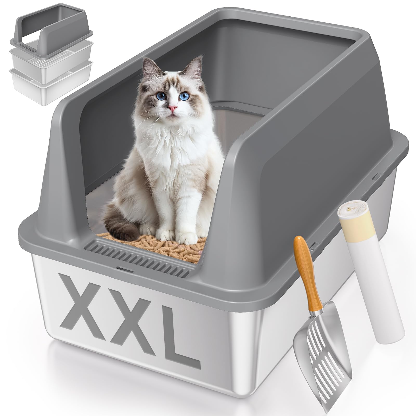 Stainless Steel Sifting Litter Box with Lid, High Sides XXL Extra Large Sifting Cat Litter Box for Pine Pellets & Big Cats, Sifter Litter Pan System for Odor Control,Sifting Box Liners & Scoop