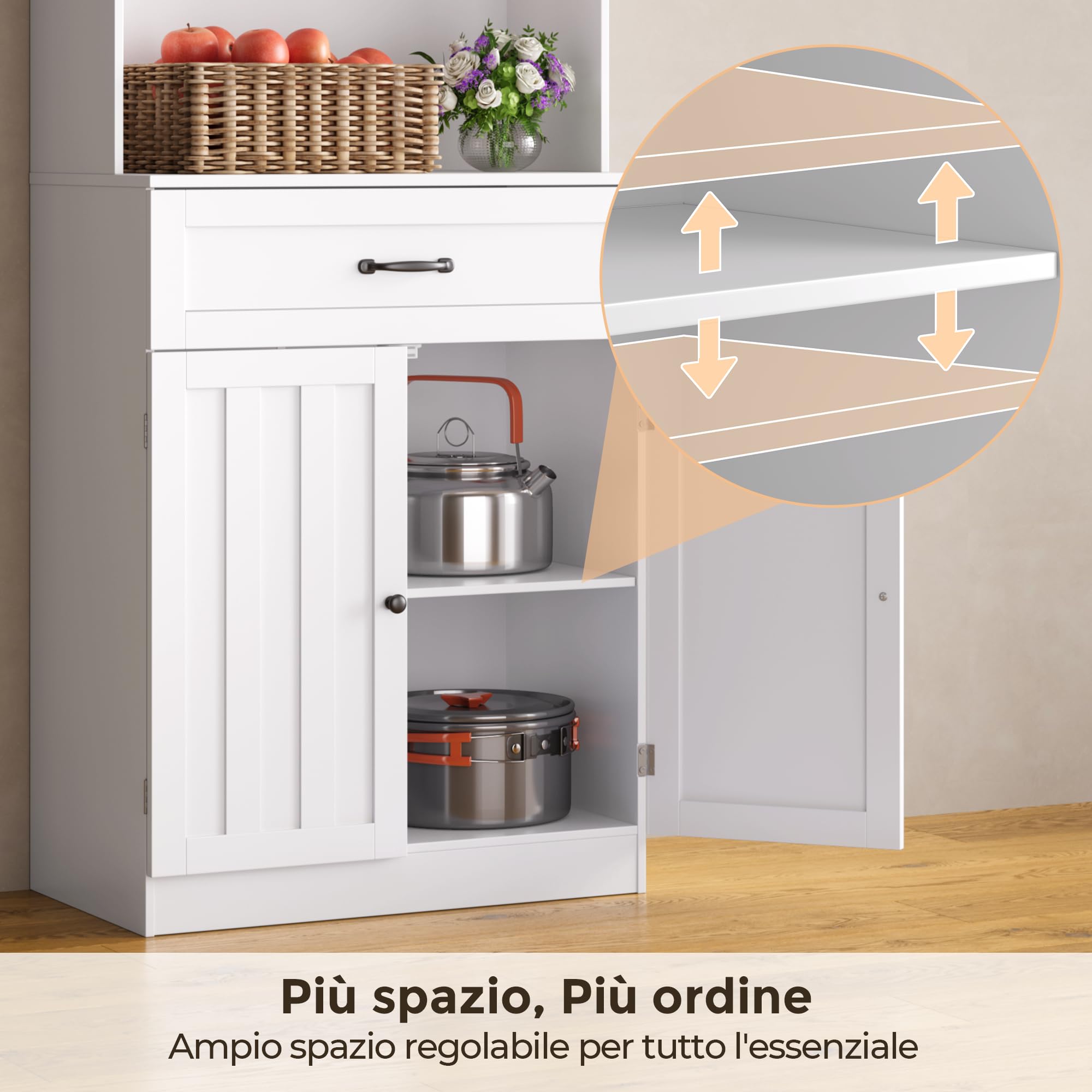 Credenza Cucina Alta,Mobile Dispensa Cucina,Armadio Buffet con 4 Ante e 1 Cassetti,con Ripiani Regolabili Scaffale per Microonde,73 x 40 x 180CM, Bianco