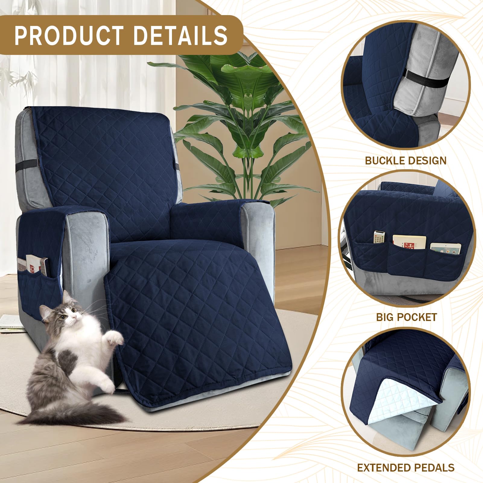 BXFUL Waterproof Recliner Chair Cover with Pockets, Elastic Strap - Image 3