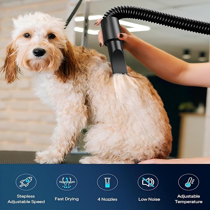 EGFKI Dog Dryer, 5.2HP/3800W Pet Grooming High Velocity Force Blower with 4 Nozzles, Adjustable Speed and Temperature