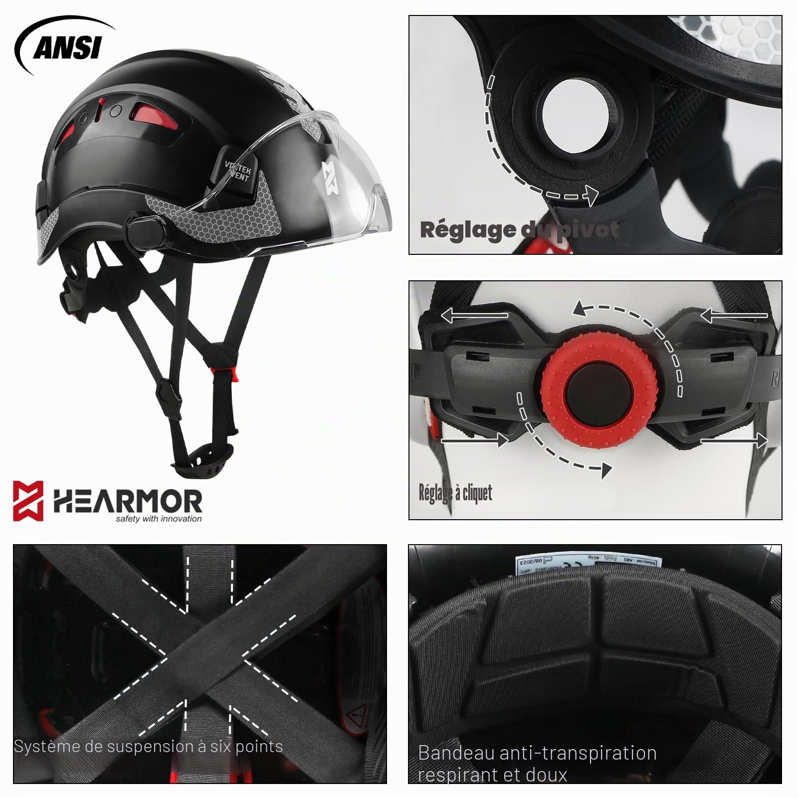 HEARMOR Casque de Protection de Chantier certifié EN397 en ABS réglable avec système à cliquet à 6 Points, avec Doublure de Refroidissement et Sac de Transport – Convient pour Tous Les lieux de