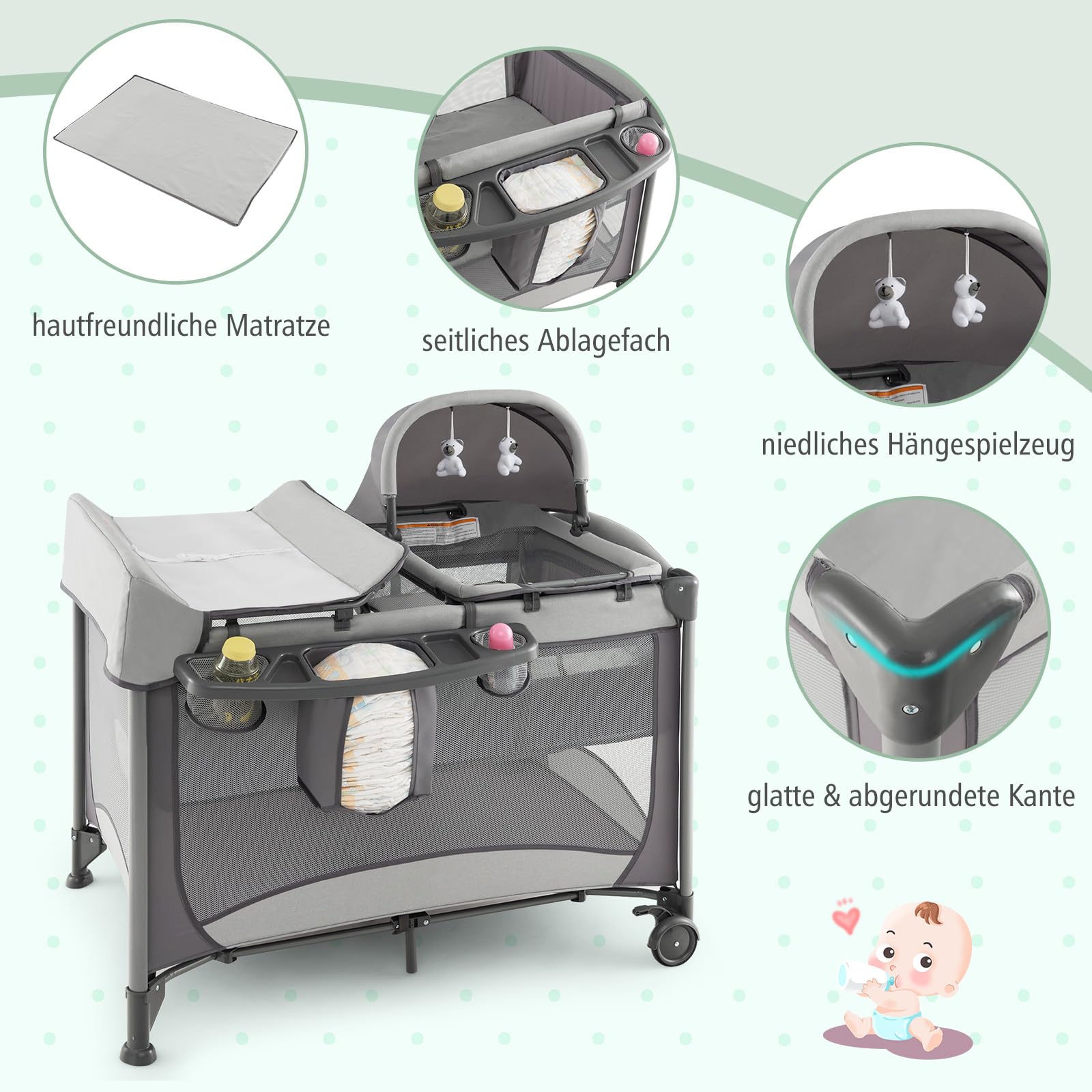 DREAMADE 5 in 1 Reisebett Baby mit Matratze, 110 x 78 cm Beistellbett mit Wiege & Wickelauflage, Babybett Komplett Set für Neugeborene & Baby bis 36 Monate (Grau)