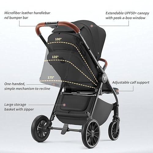 Miniatura 6 de Tinyiota Cochecito para bebés, cochecitos para niños pequeños con toldo grande UPF 50+, cochecito de bebé de lujo con mango de cuero y asiento