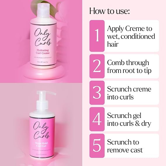 Only Curls Hydrating Curl Crème & Mega Hold Curl Gel Bundle, Curly Hair Products, Leave-in Styling Cream & Medium Hold Gel, Curl Enhancer & Frizz-Control Set, Soft & Defined Curls, Cast-Free, 250ml x2