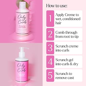 Only Curls Hydrating Curl Crème & Mega Hold Curl Gel Bundle, Curly Hair Products, Leave-in Styling Cream & Medium Hold Gel, Curl Enhancer & Frizz-Control Set, Soft & Defined Curls, Cast-Free, 250ml x2