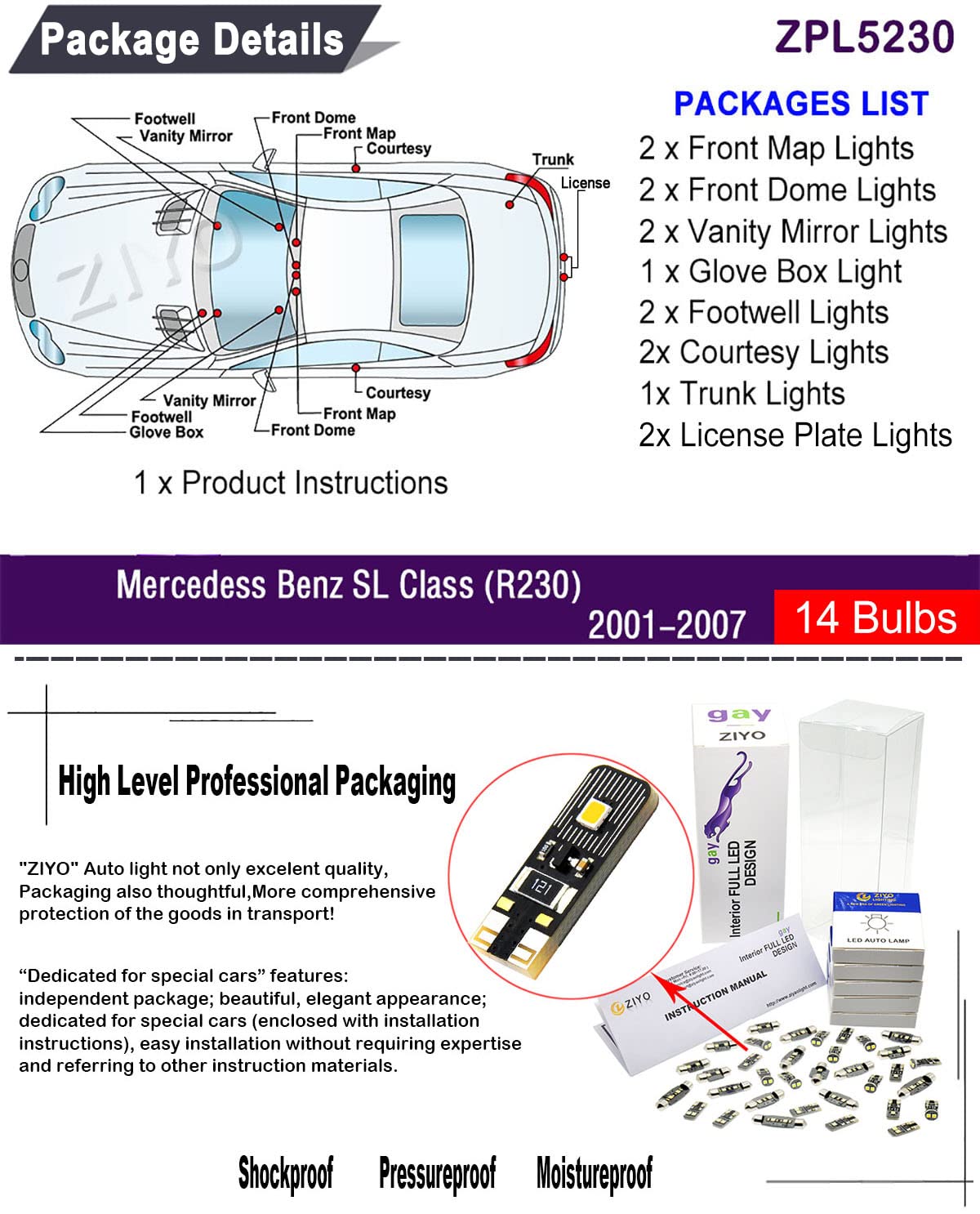 ZIYAO 14-Piece LED Interior Light Kit For Mercedes-Benz SL-Class R230 (2001-2007) – Xenon White 6000K