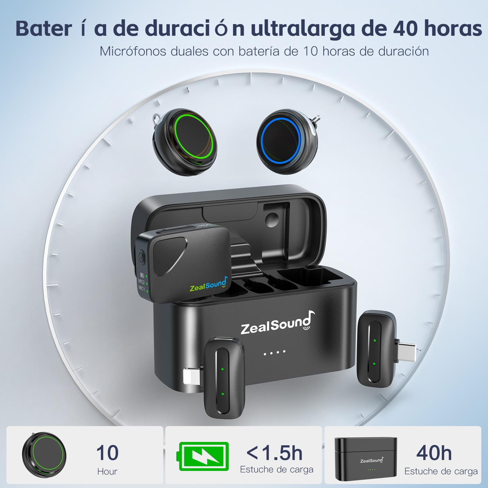 ZealSound Mini Micrófono Inalámbrico(2TX+3RX), micrófono de Solapa para *Phone *Pad cámara DSLR PC, 48 kHz/24 bits con cancelación de Ruido Activa, 300 m, 40 Horas, Hi-Fi Audio, micrófono para Vlog